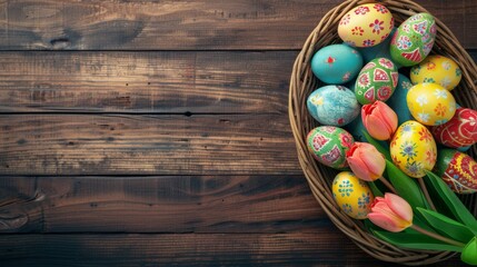 Wall Mural - top view of a full basket of colorful easter eggs on wooden table with turlip flower