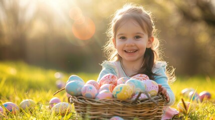 Wall Mural - portrait of a smiling child with basket of easter eggs