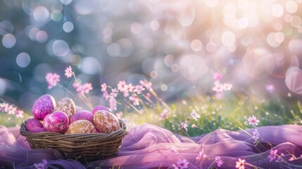 Wall Mural - a full basket of colorful easter eggs on outdoor lawn with beautiful flowers