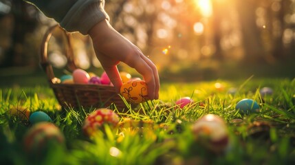 Wall Mural - kids picking up beautiful easter eggs at outdoor lawn