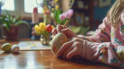 Wall Mural - kid paint drawing easter eggs at home on desk