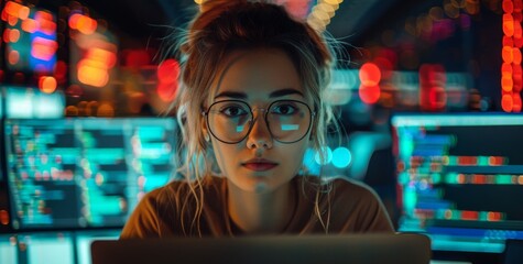 Poster - Focused female software developer coding on laptop with colorful bokeh lights in the background