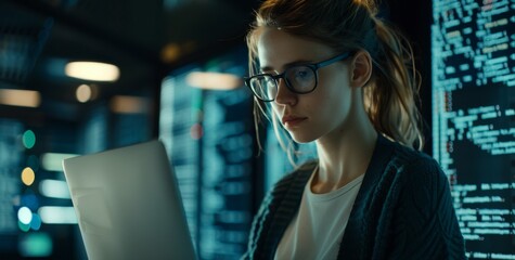 Poster - Focused female software developer working on laptop in modern tech environment