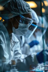 Wall Mural - Researchers in protective gear working in a high-tech laboratory, focusing on scientific experiments and data analysis.