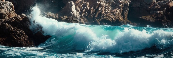 Poster - A dramatic image of large ocean waves crashing against picturesque rocks, creating a powerful and adventurous scene perfect for surf schools and adventure tourism companies. Generative AI