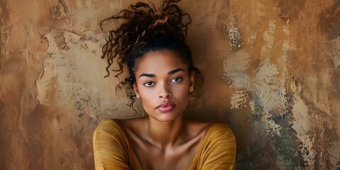 A Black woman with messy hair sits in front of a brown wall. Concept Portrait Photography, Natural Beauty, Afro Hairstyle, Casual Style, Rustic Background