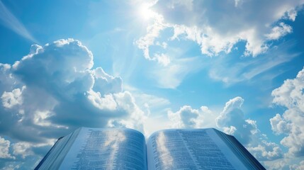 Wall Mural - Open pages of a book on blue sky background, with white clouds.