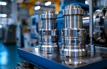 Poster - Closeup of industrial machine components in a modern factory setting