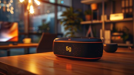 high-tech futuristic 5G router against the background of a home environment, ideal for advertising an Internet provider and for various articles on the topic of Internet solutions of the future