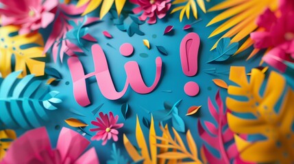 Pink Hi! text on blue background decorated with tropical leaves flowers, cheerful positive playful summer