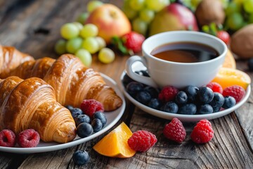 A beautiful breakfast with a cup of coffee, fresh croissants and fruits on the table