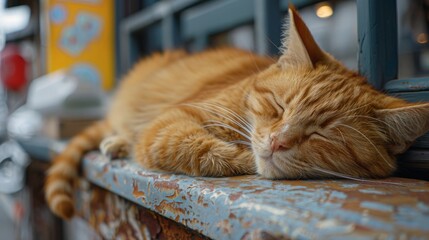 Wall Mural - A Ginger Cats Peaceful Slumber on a Weathered Windowsill. Generative AI