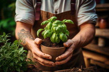 Wall Mural - mature man gardener working in garden planting herbs basil, Generative AI