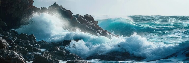 Wall Mural - Dramatic ocean waves crash against picturesque rocks, creating a breathtaking scene perfect for adventure tourism companies and surf schools. Generative AI