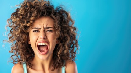 A funny excited young woman with curly hair screaming on a blue background.