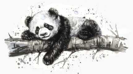 Wall Mural - Watercolor painting of a panda rest on tree trunk
