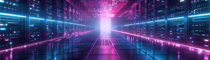 Wall Mural - A high-tech data center with vibrant neon lights illuminating endless rows of servers, creating a futuristic and modern atmosphere.