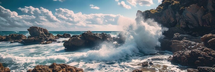 Wall Mural - Dramatic ocean waves crash against picturesque rocks on a sunny day, creating a breathtaking scene perfect for adventure seekers and thrill-seekers. Generative AI