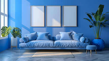 Wall Mural - Blank picture frame mockup on white wall. Modern living room design. View of modern scandinavian style interior with sofa