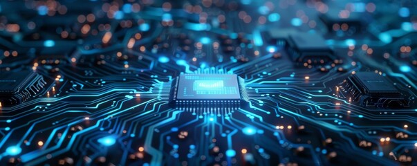 Poster - Futuristic electronic circuit board with glowing lines and central microchip