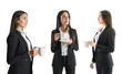 © Who is Danny - Three poses of a woman in business attire holding a coffee cup, isolated on a white background, suggesting workplace coffee break