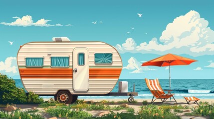 Wall Mural - Flat vector illustration of RV camper trailer in beautiful beach outdoors