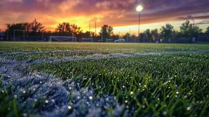 A close-up of dewy soccer field grass with the painted white boundary line at sunrise
