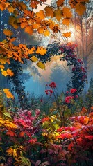 Wall Mural - Heart shaped wreath with autumn leaves and red flowers, symbolizing love and fall, vibrant and serene outdoor photography