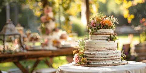 Wall Mural - Ecofriendly outdoor wedding venue features rustic cake with seasonal flower decorations. Concept Wedding Venues, Eco-friendly, Rustic Decor, Seasonal Flowers, Wedding Cakes