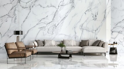 Modern Living Room with Marble Walls and White Sofa