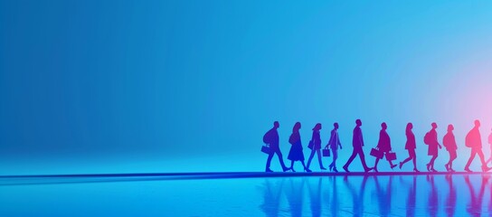 digital virtual silhouettes of businessmen and ordinary people on the move, copy space, place for text