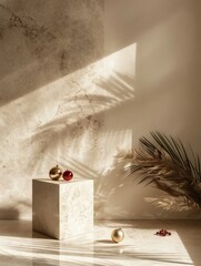 Poster - Christmas Simplicity Warm Sunlight on Minimalist Stone Cube Display with Festive Ornaments in Neutral Toned Setting