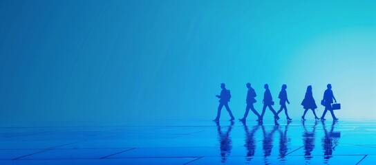 digital virtual silhouettes of businessmen and ordinary people on the move, copy space, place for text