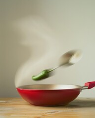 Poster - Abstract Artistic Image of Cooking with Red Skillet and Green Pepper Using Long Exposure Technique, High Definition Symmetrical Composition