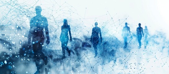 digital virtual silhouettes of businessmen and ordinary people on the move, copy space, place for text