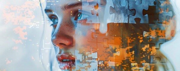 Wall Mural - Young woman with puzzle pieces overlaying her face symbolizing artificial intelligence