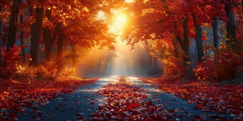 Wall Mural - Autumnal Forest Path Bathed in Golden Sunlight