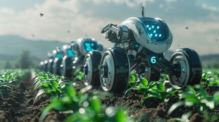 Wall Mural - A group of 6Gconnected agricultural robots work tirelessly in a field performing tasks such as sowing watering and harvesting with precision and efficiency.