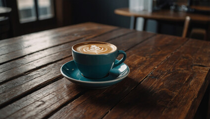 Wall Mural - Wooden table with a cup of coffee