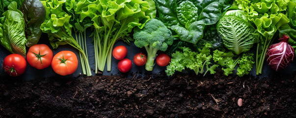 Organic vegetables and leafy greens assorted on background of fertile soil. Banner with copy space, flat lay, top view. Concept of organic and natural farm products