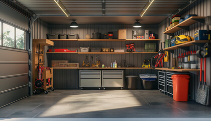 Modern garage workshop with neatly organized tools, workbenches, and storage creating a functional and efficient workspace filled with natural light