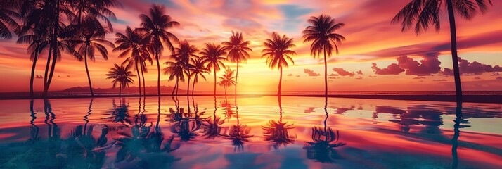 Wall Mural - Coconut tree at tropical beach at sunset