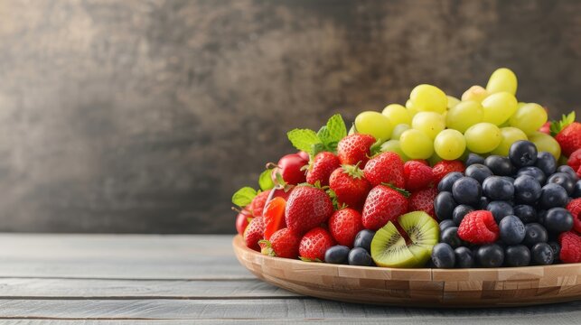 A beautiful arrangement of fresh fruits including grapes, strawberries, and blueberries in a wooden bowl on a rustic wooden table. Independence Day, July 4. Traditional American Memorial Day