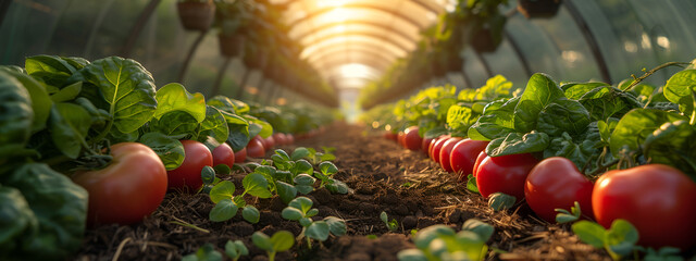 Wall Mural - Ripe juicy organic tomatoes with green leaves on beds in greenhouse. Banner with copy space. Sustainability and eco friendly concept. Organic and natural products