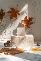 Aufkleber - Autumn Equinox Minimalist Display Beige Background with Stone Cube, Autumn Leaves, and Playful Shadows