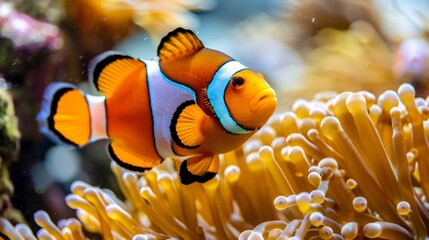 Wall Mural - Colorful clownfish swimming among vibrant sea anemones in a detailed close up shot