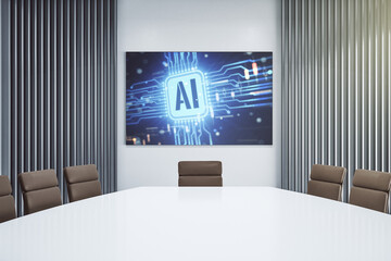 Poster - Creative artificial Intelligence icon on presentation tv screen in a modern meeting room. Neural networks and machine learning concept. 3D Rendering