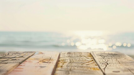 Aufkleber - Sunny Beach Backdrop with Rustic Beige Wooden Table for Summer Product Display, Warm Under Natural Light