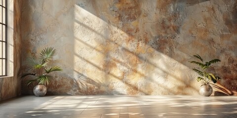 Poster - Sunlight Streaks on Rustic Wall with Greenery