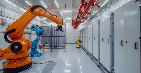 Poster - Automated robotic arms working in a modern industrial facility with white walls and high ceilings